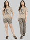 Women Beige Printed Round Neck Half Sleeve Combo 3 Pc Set (Top, Shorts & Lower)