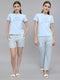 Women Sky Blue Printed Round Neck Half Sleeve Combo 3 Pc Set (T-Shirt, Shorts & Lower)