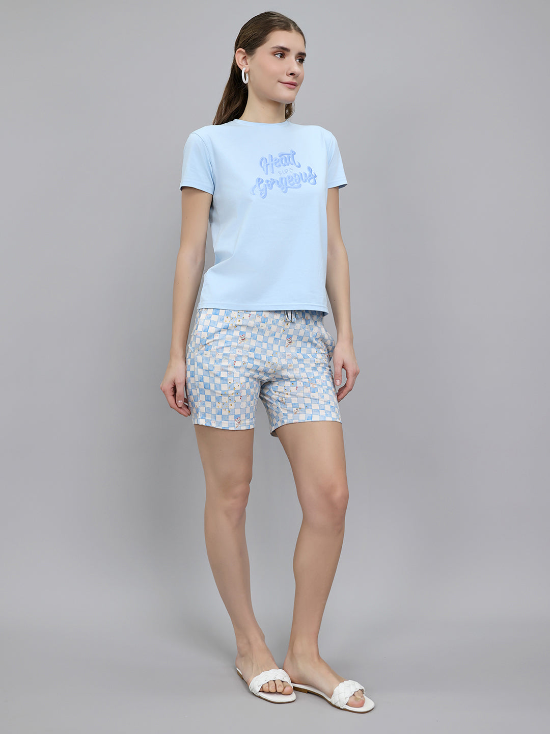 Women Sky Blue Printed Round Neck Half Sleeve Combo 3 Pc Set (T-Shirt, Shorts & Lower)
