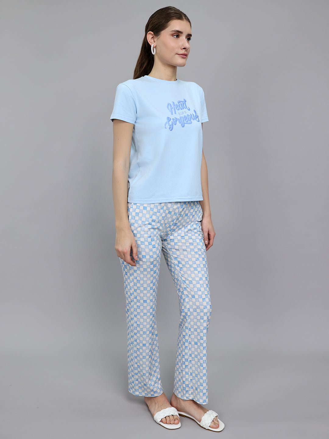 Women Sky Blue Printed Round Neck Half Sleeve Combo 3 Pc Set (T-Shirt, Shorts & Lower)