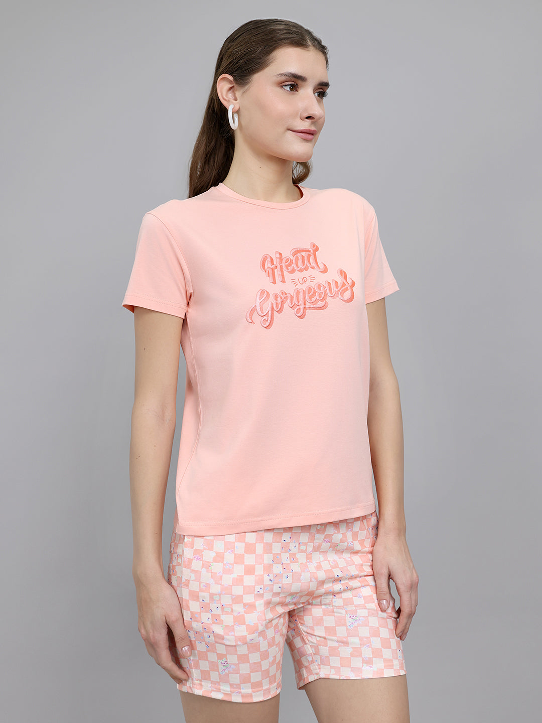 Women Peach Printed Round Neck Half Sleeve Combo 3Pc Set (Top, Shorts & Lower)