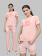 Women Peach Printed Round Neck Half Sleeve Combo 3Pc Set (Top, Shorts & Lower)