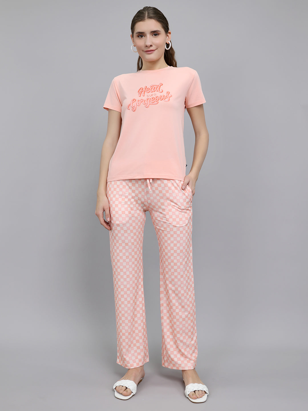 Women Peach Printed Round Neck Half Sleeve Combo 3Pc Set (Top, Shorts & Lower)