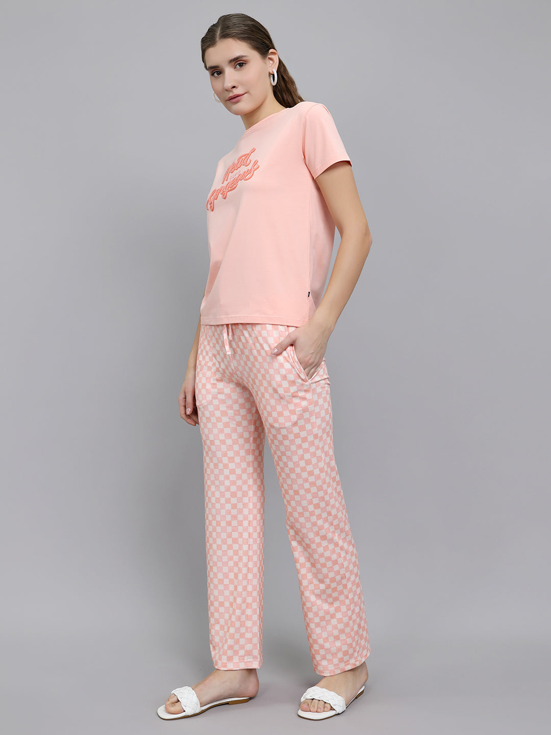 Women Peach Printed Round Neck Half Sleeve Combo 3Pc Set (Top, Shorts & Lower)