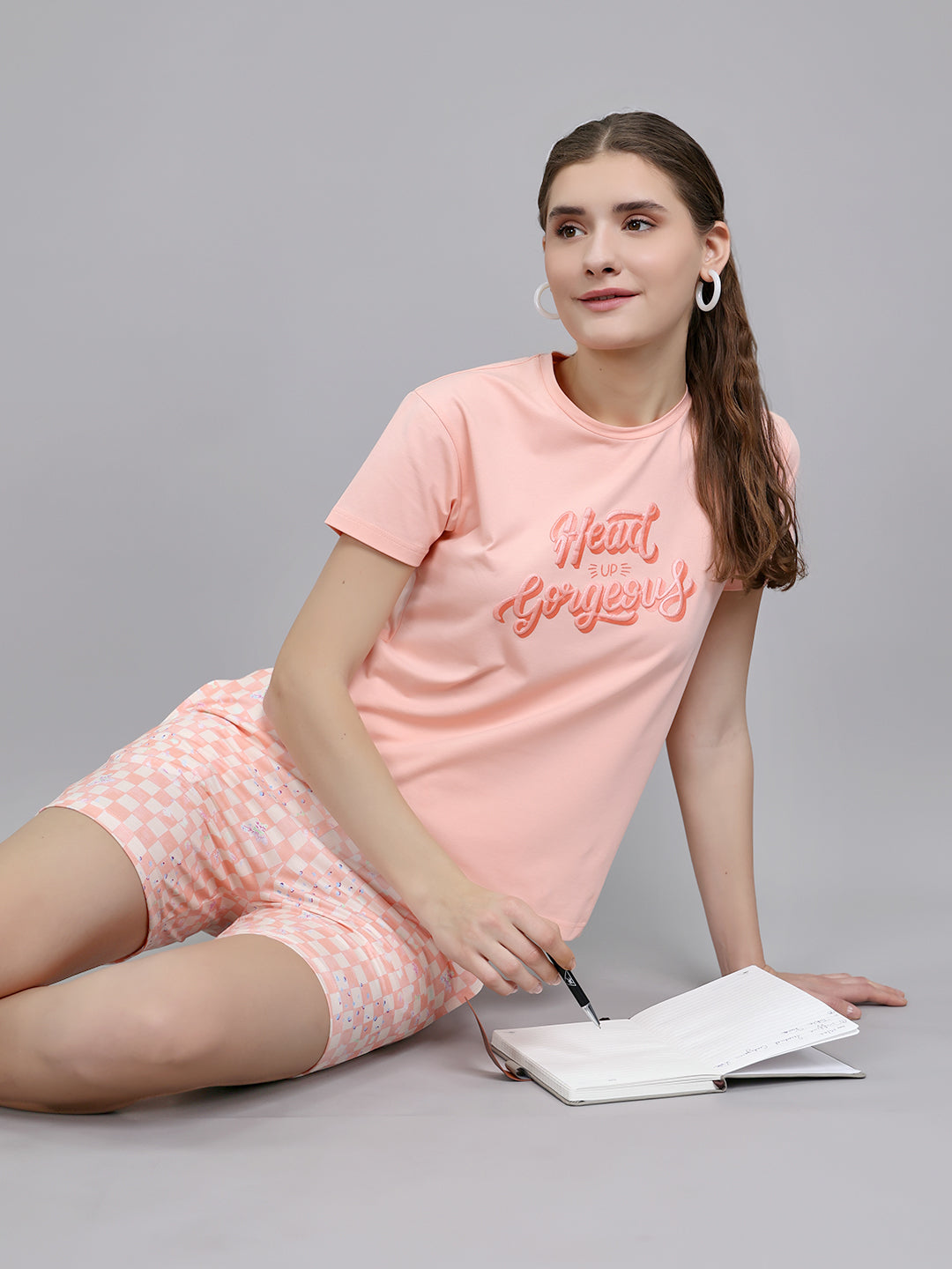 Women Peach Printed Round Neck Half Sleeve Combo 3Pc Set (Top, Shorts & Lower)