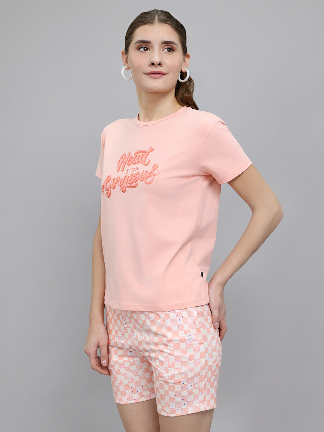 Women Peach Printed Round Neck Half Sleeve Combo 3Pc Set (Top, Shorts & Lower)