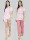 Women Pink Printed Collar Half Sleeve Combo 3 Pc Set (Top, Shorts & Lower)
