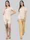 Women Yellow Printed Collar Half Sleeve Combo 3 Pc Set (Top, Shorts & Lower)