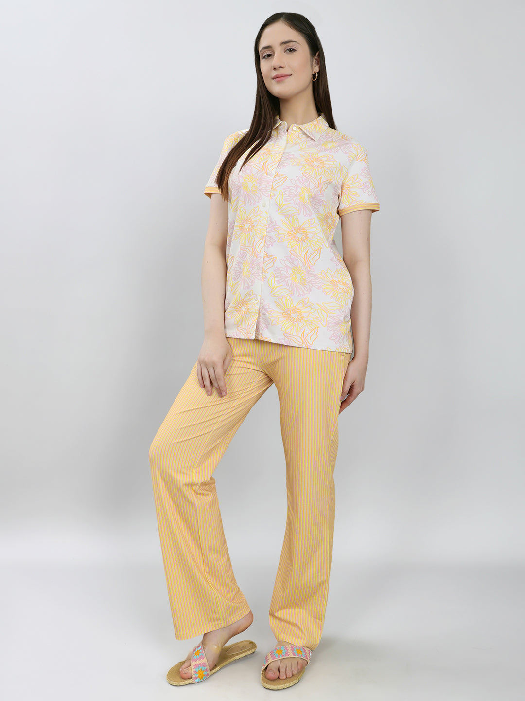 Women Yellow Printed Collar Half Sleeve Combo 3 Pc Set (Top, Shorts & Lower)