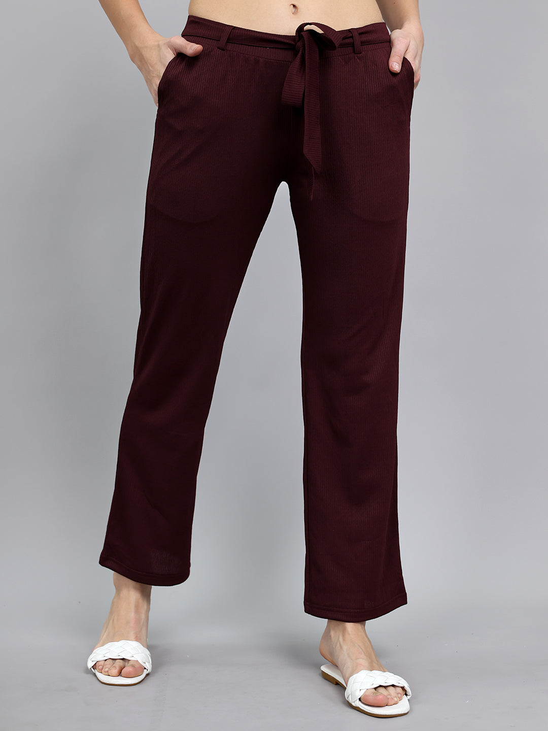 Women Burgundy Self Design Regular Fit Lower