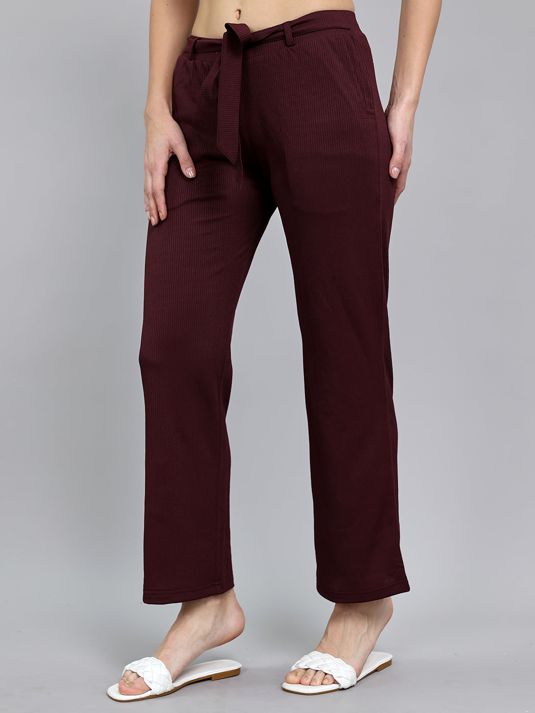Women Burgundy Self Design Regular Fit Lower