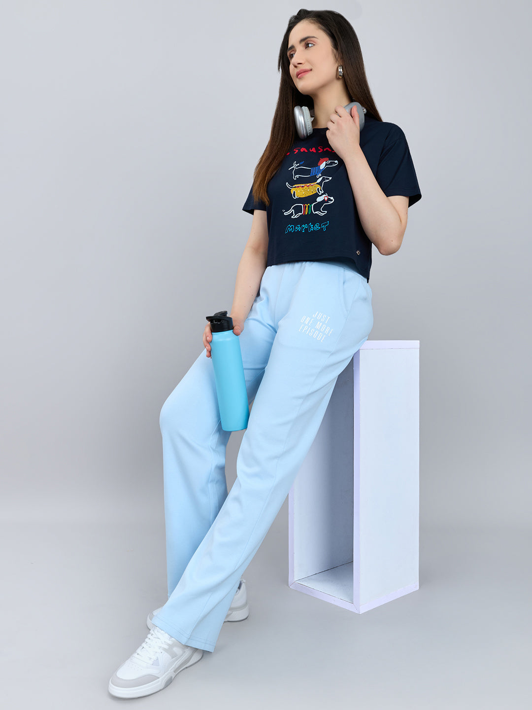 Women Sky Blue Solid Regular Fit Lower