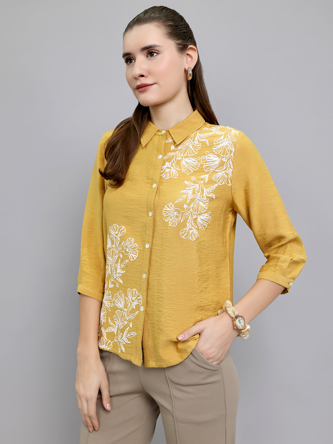 Women Mustard Embroidered Collar 3/4th Sleeve Top