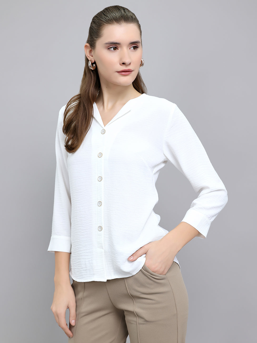 Women White Solid Fashion Neck 3/4th Sleeve Top