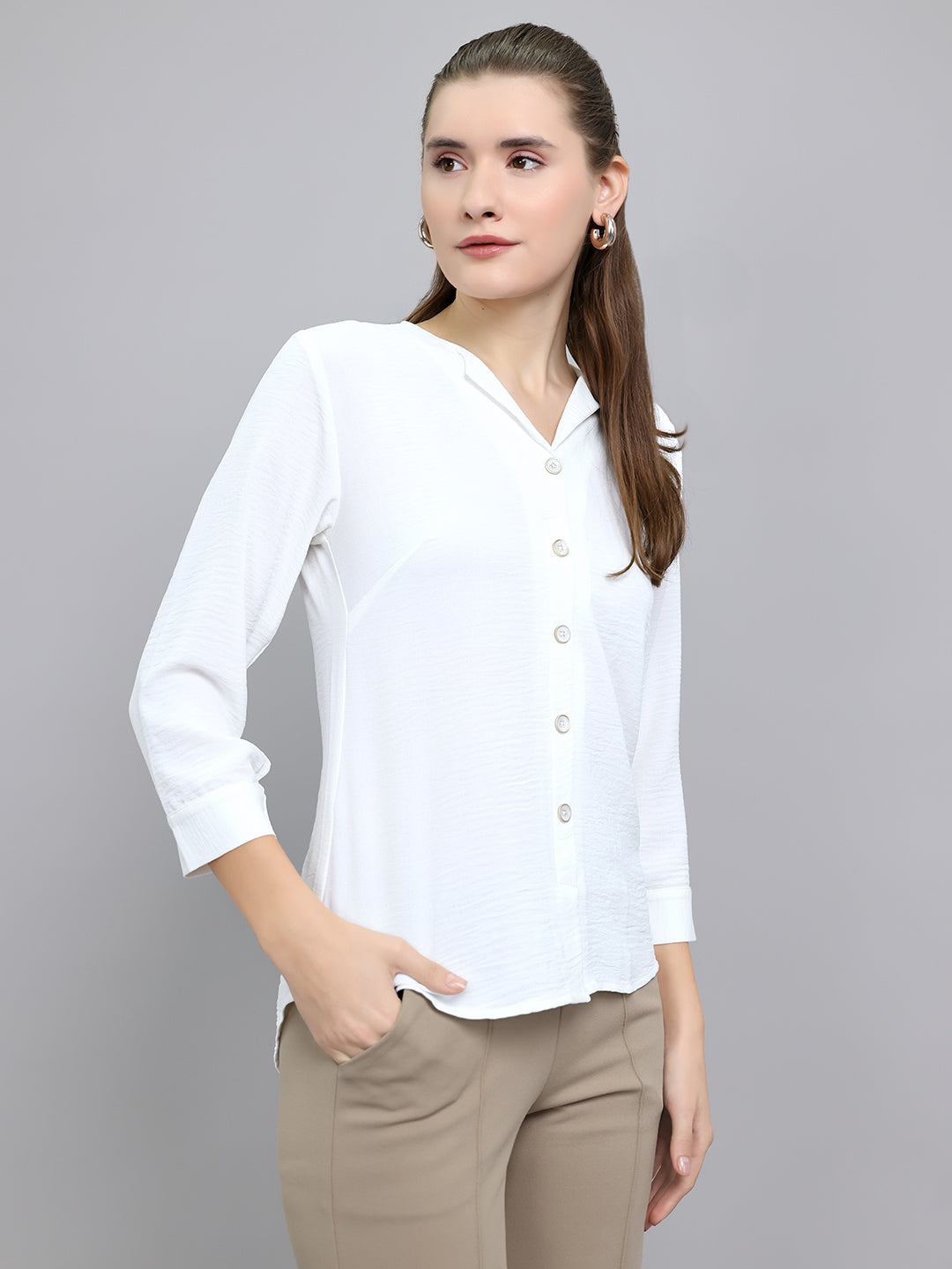 Women White Solid Fashion Neck 3/4th Sleeve Top