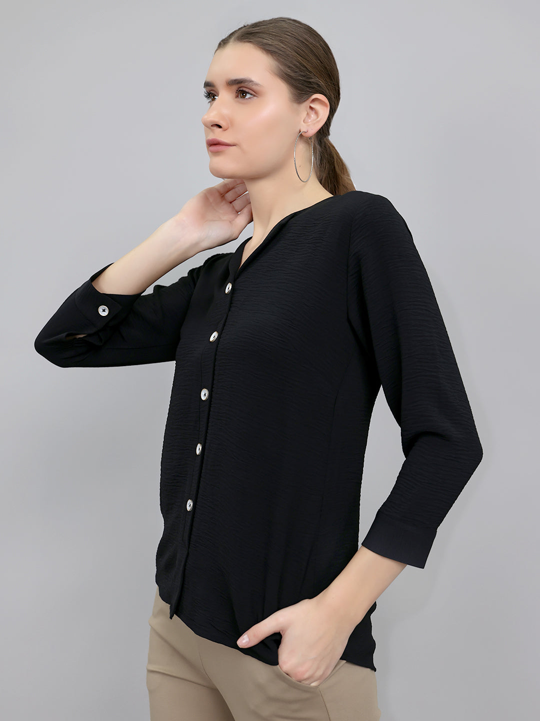 Women Black Solid Fashion Neck 3/4th Sleeve Top