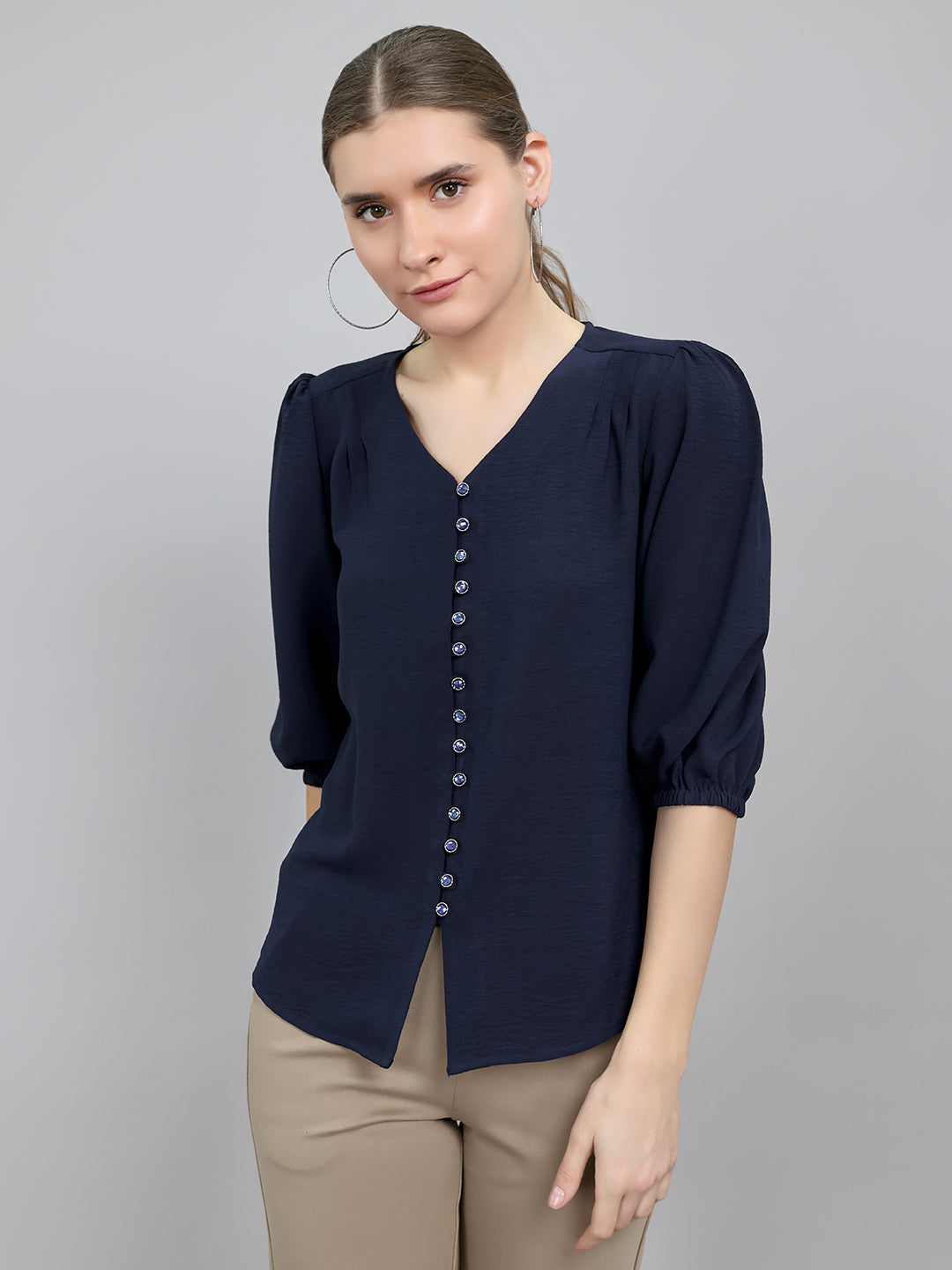 Women Navy Blue Solid Collar 3/4th Sleeve Top