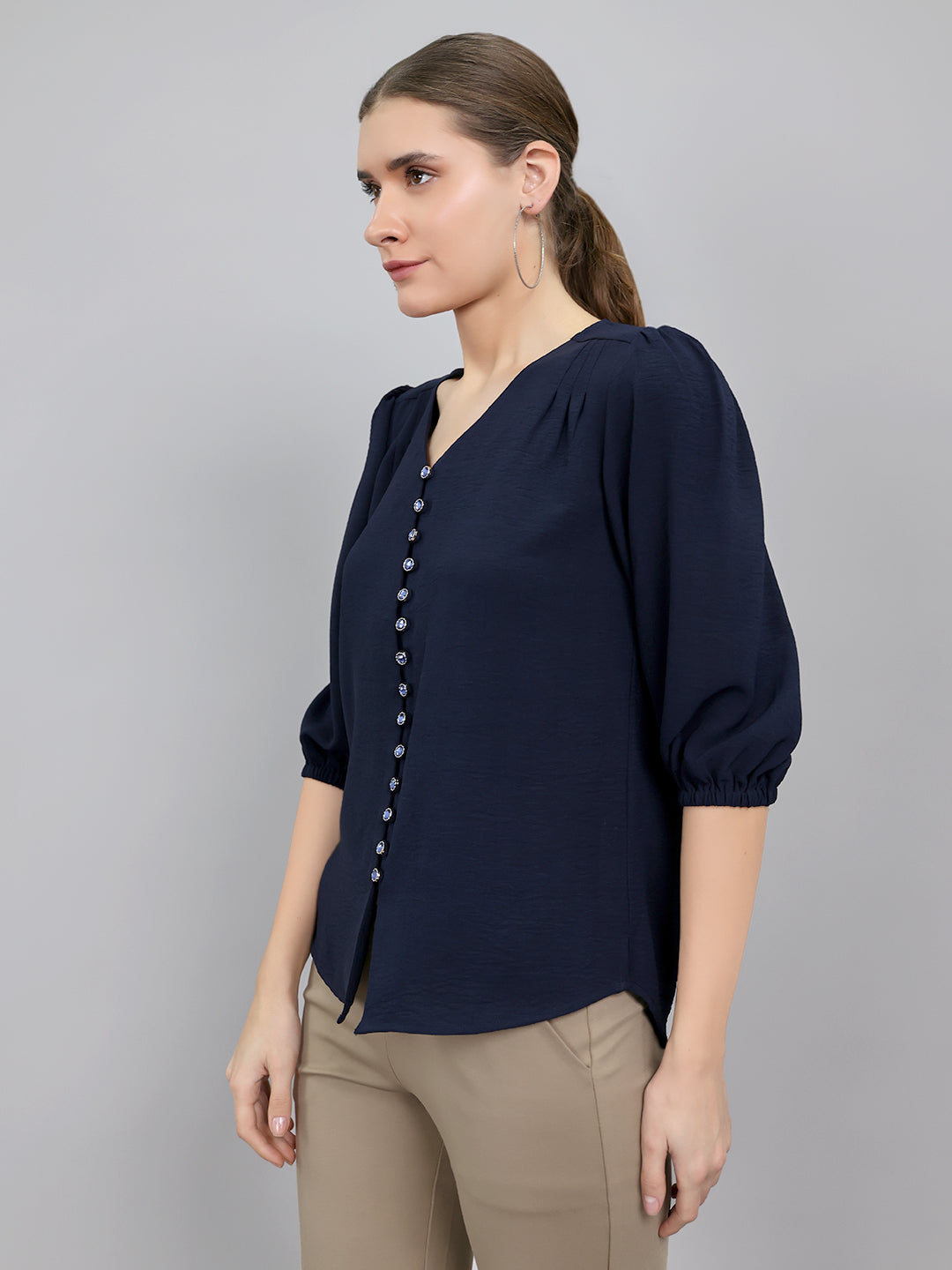 Women Navy Blue Solid Collar 3/4th Sleeve Top