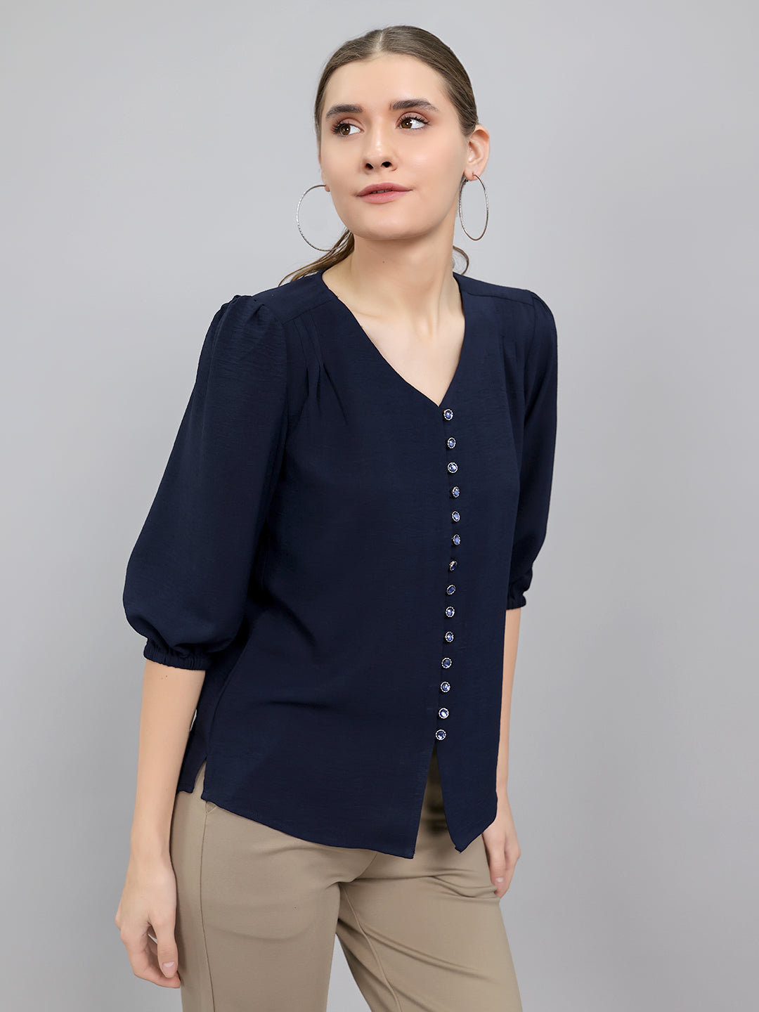 Women Navy Blue Solid Collar Neck Top