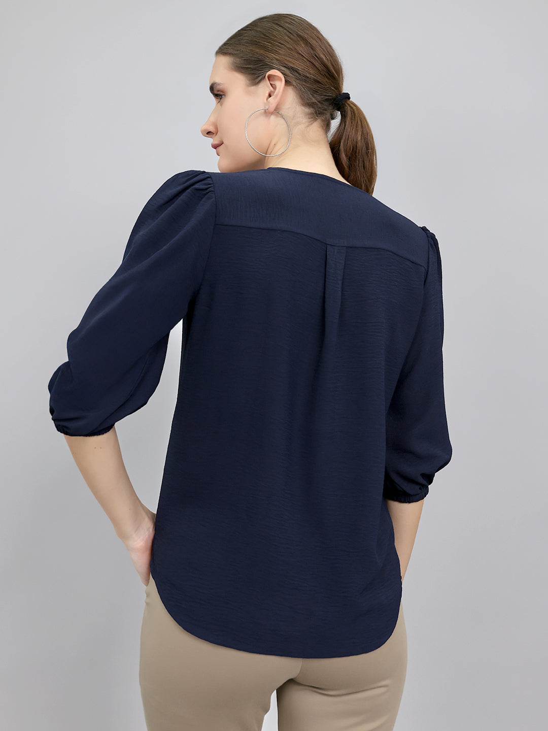 Women Navy Blue Solid Collar Neck Top