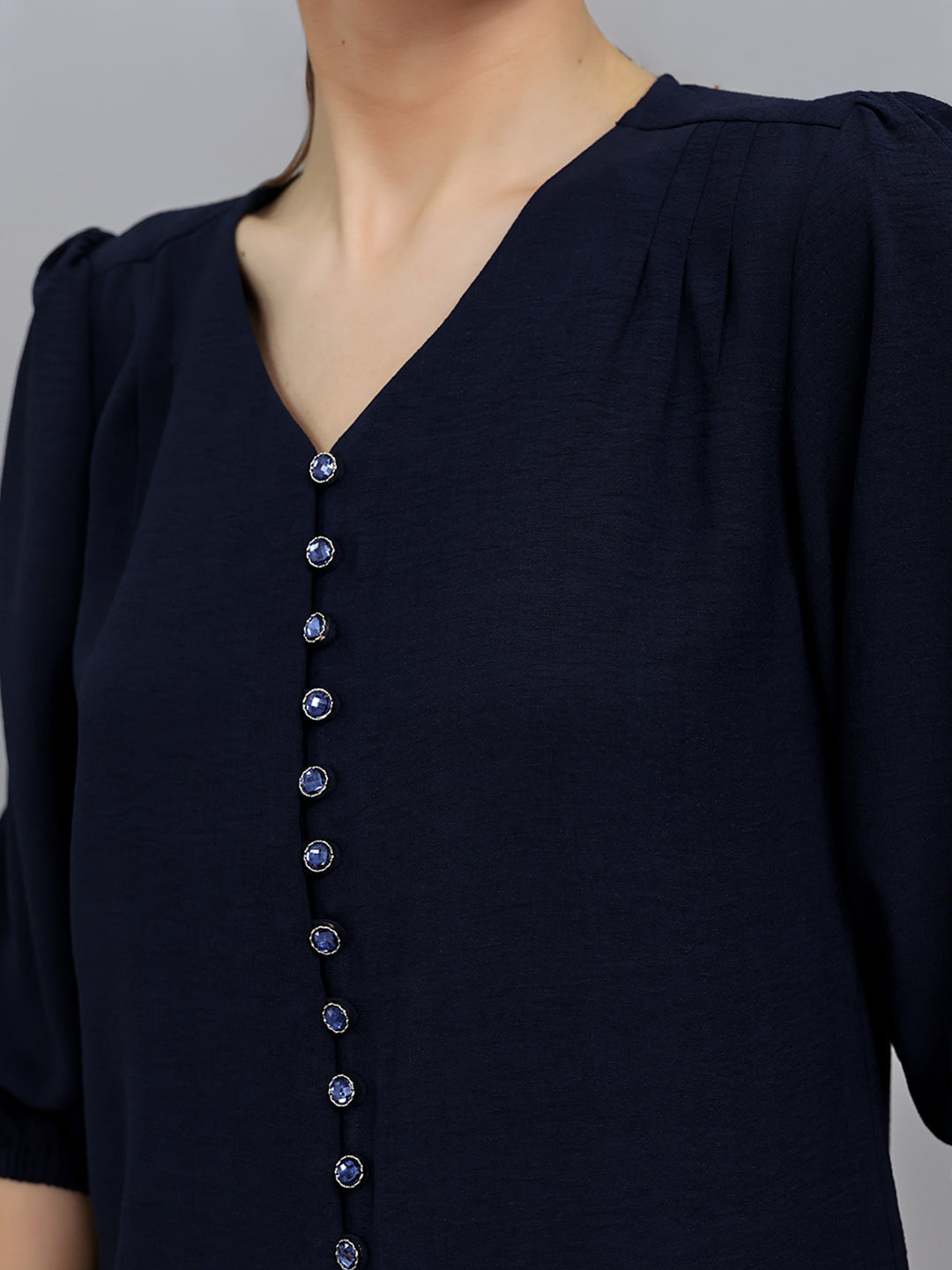 Women Navy Blue Solid Collar Neck Top