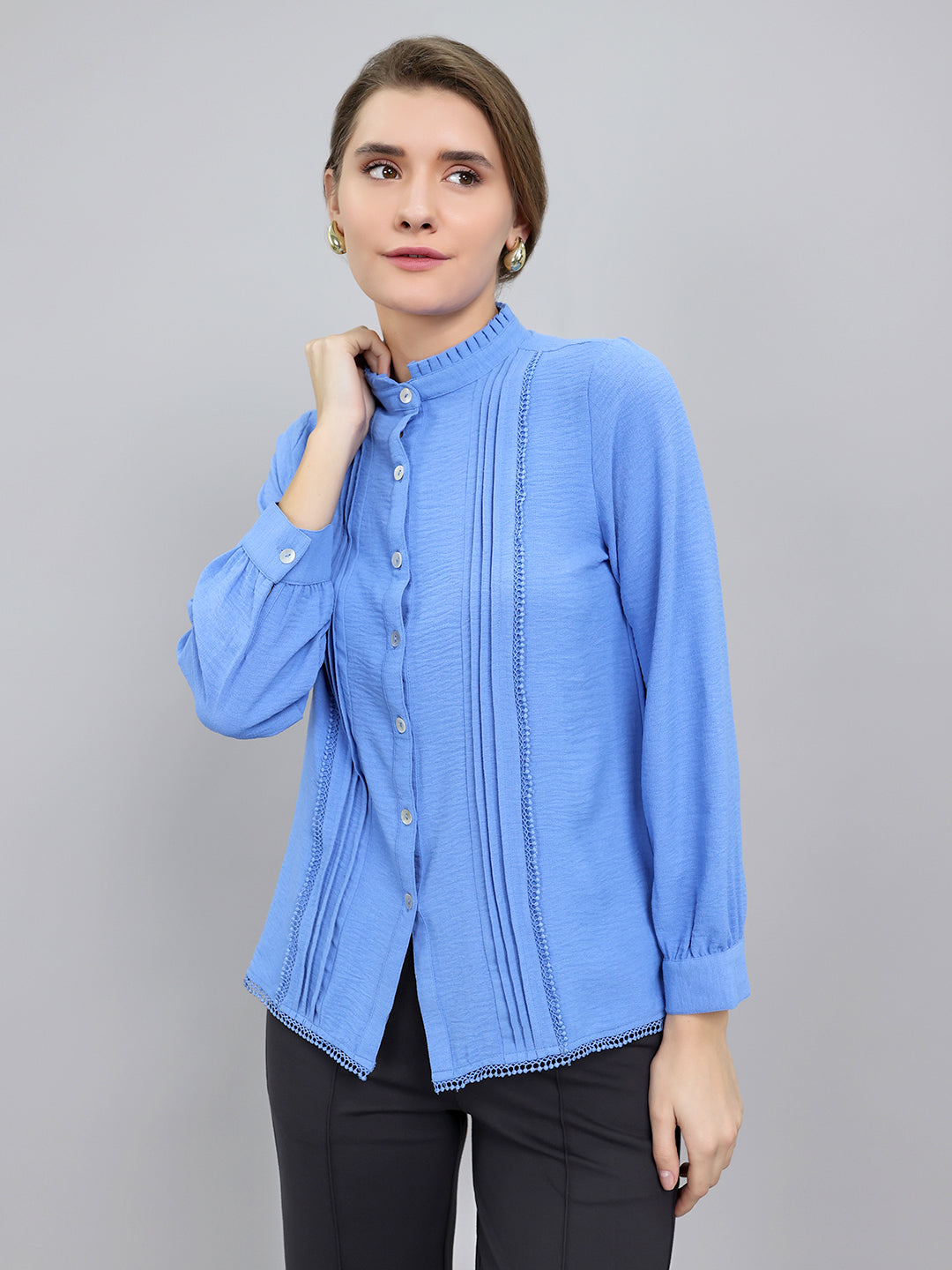 Women Blue Self Design Front Open Full Sleeve Top