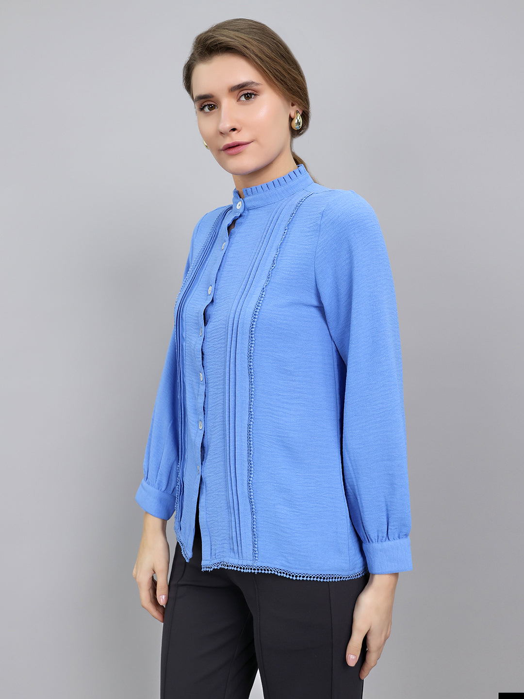 Women Blue Self Design Front Open Full Sleeve Top