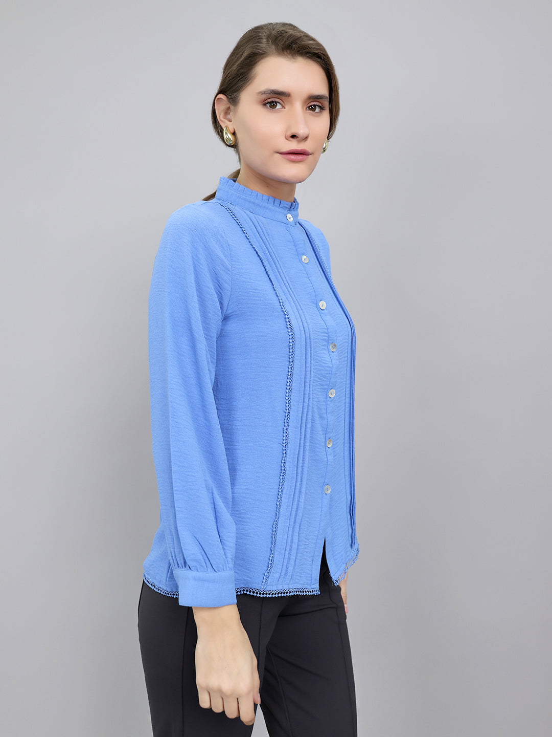 Women Blue Self Design Front Open Full Sleeve Top