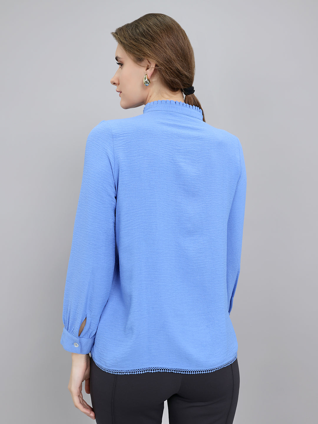 Women Blue Self Design Front Open Full Sleeve Top