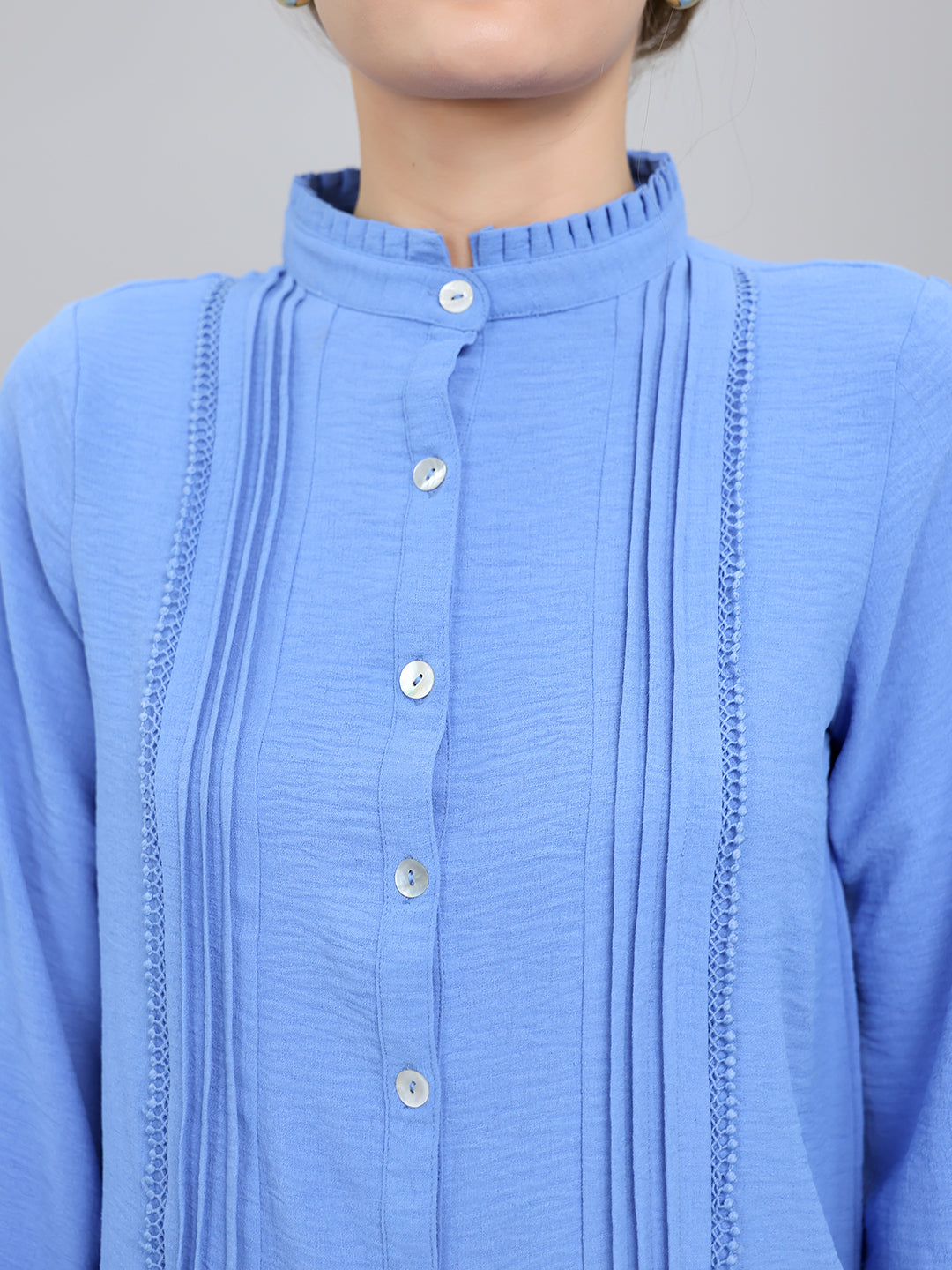 Women Blue Self Design Front Open Full Sleeve Top