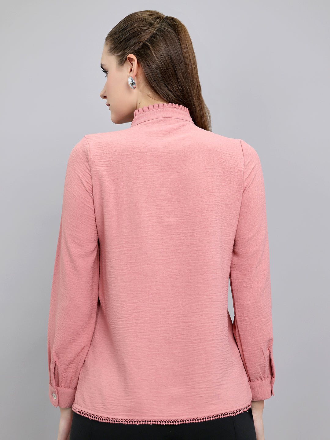 Women Peach Self Design Front Open Full Sleeve Top