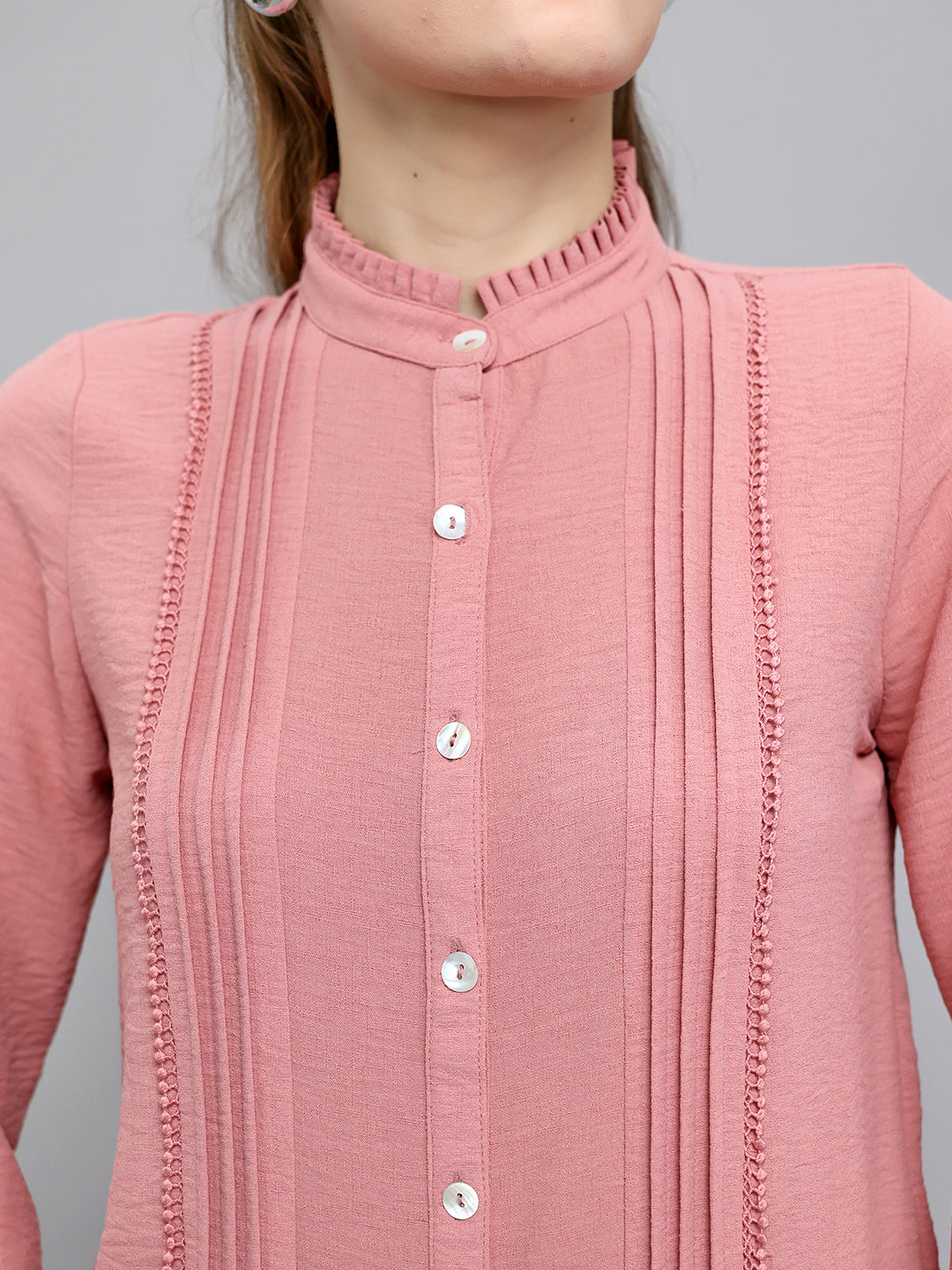 Women Peach Self Design Front Open Full Sleeve Top