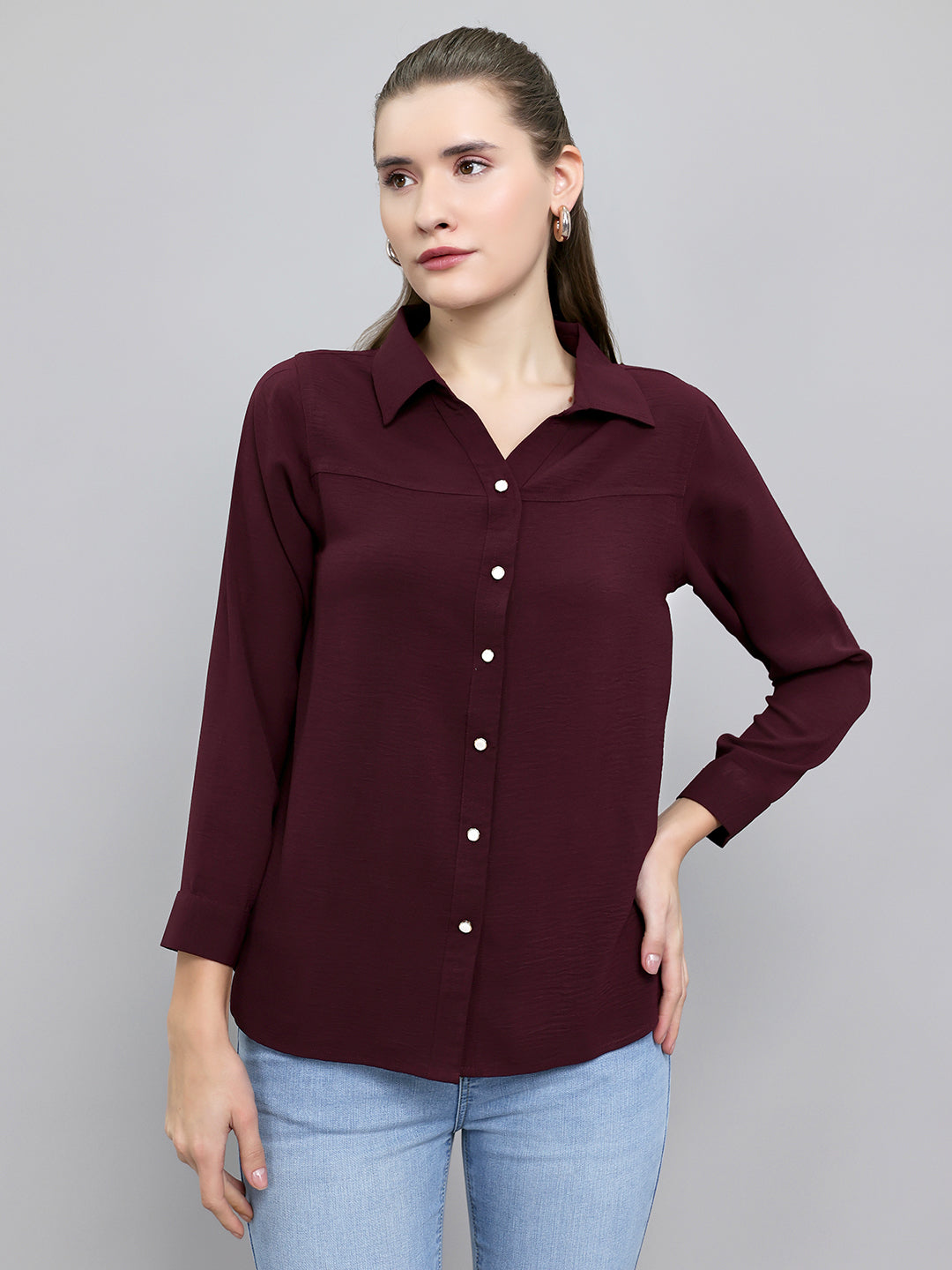 Women Burgundy Self Design Collar Full Sleeve Top