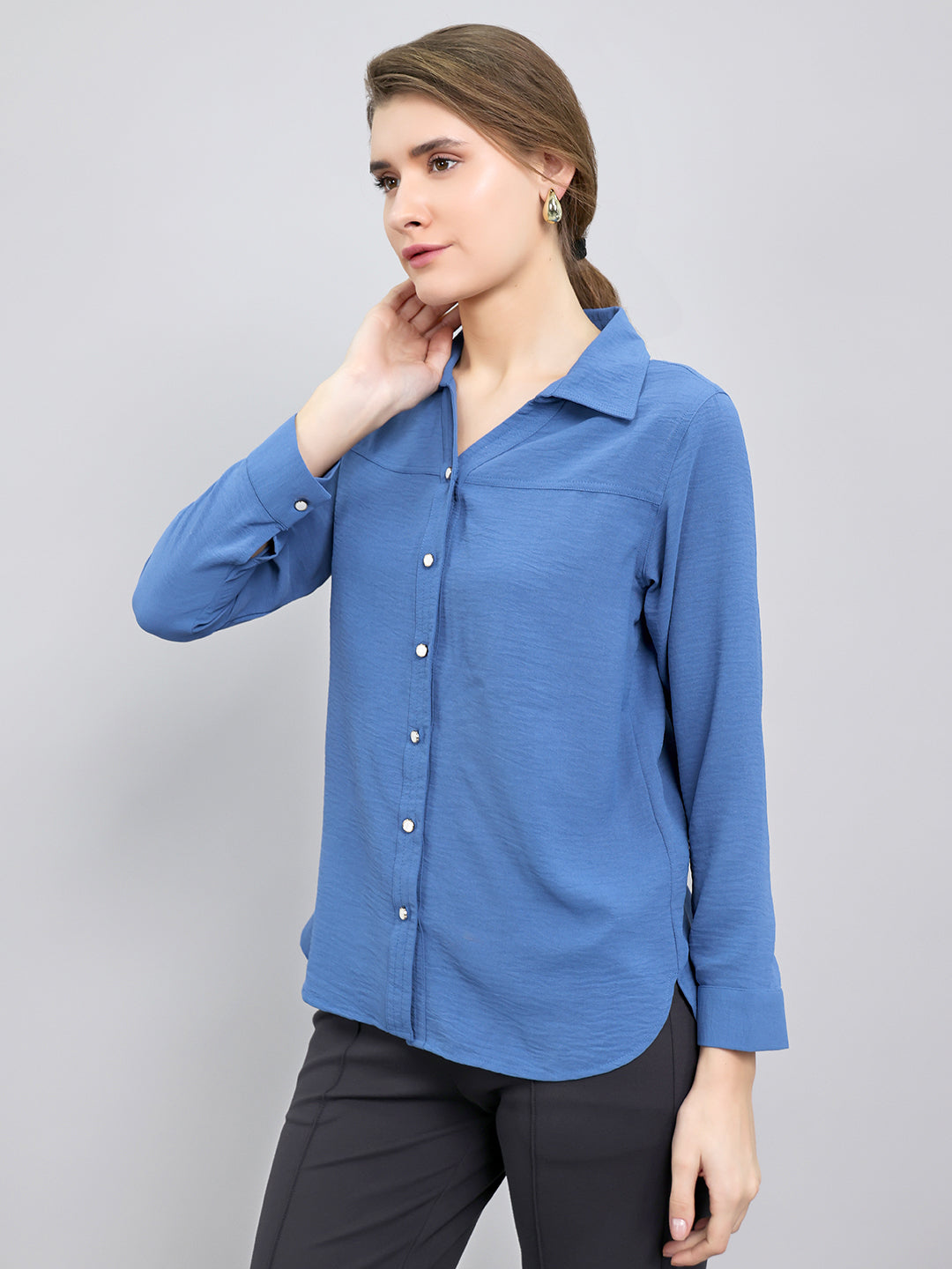 Women Blue Self Design Collar Full Sleeve Top