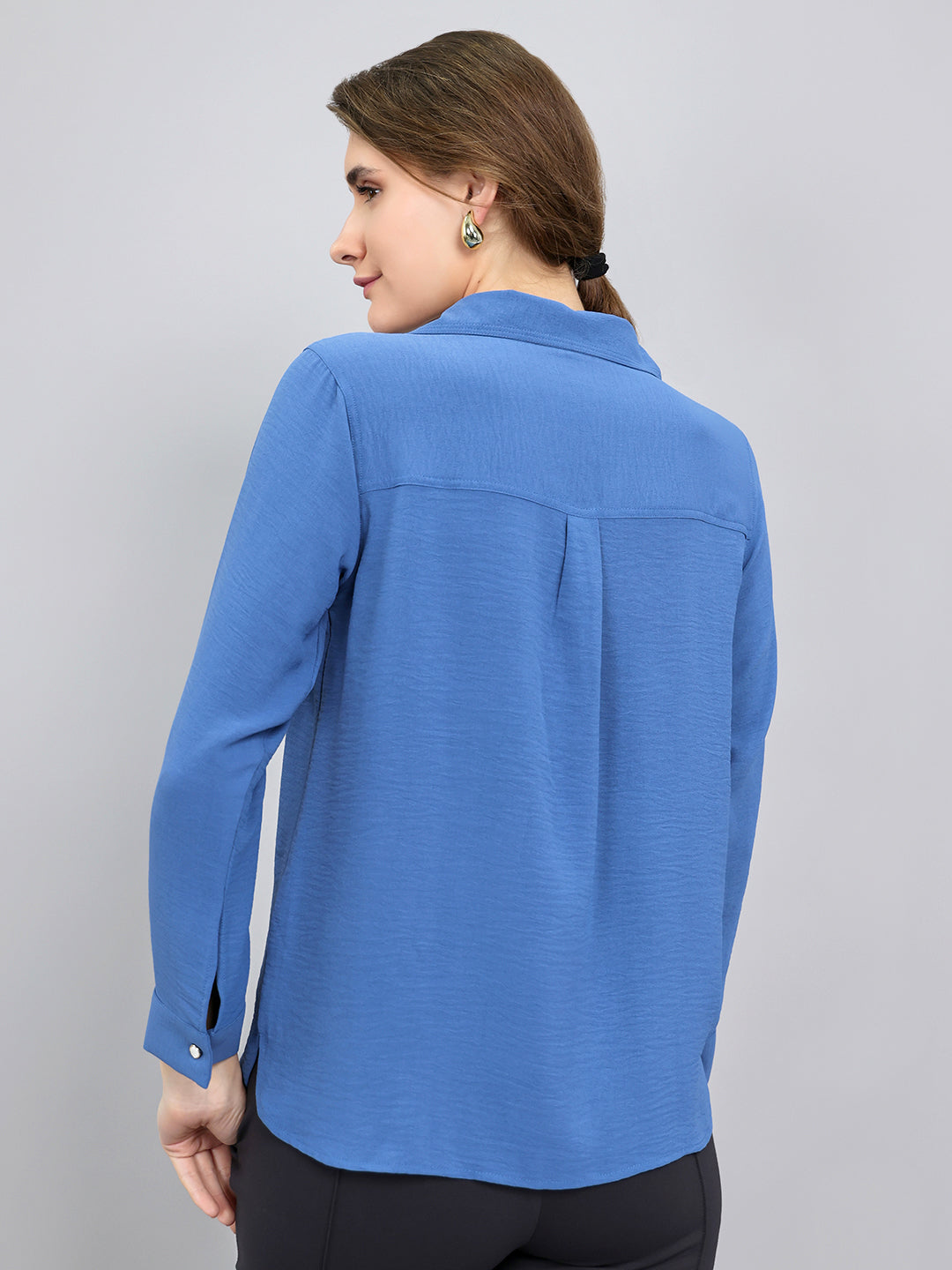 Women Blue Self Design Collar Full Sleeve Top