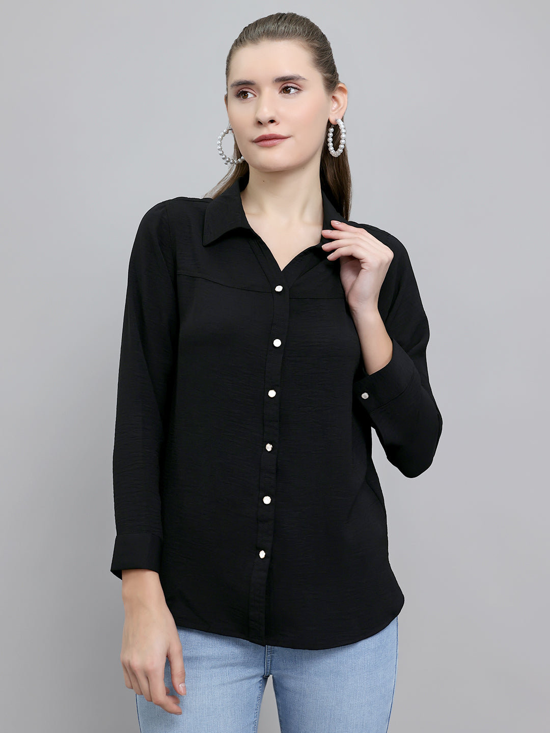 Women Black Self Design Collar Full Sleeve Top