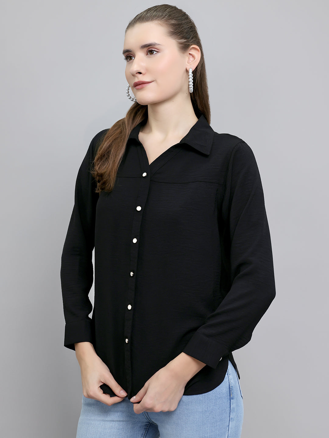 Women Black Self Design Collar Full Sleeve Top