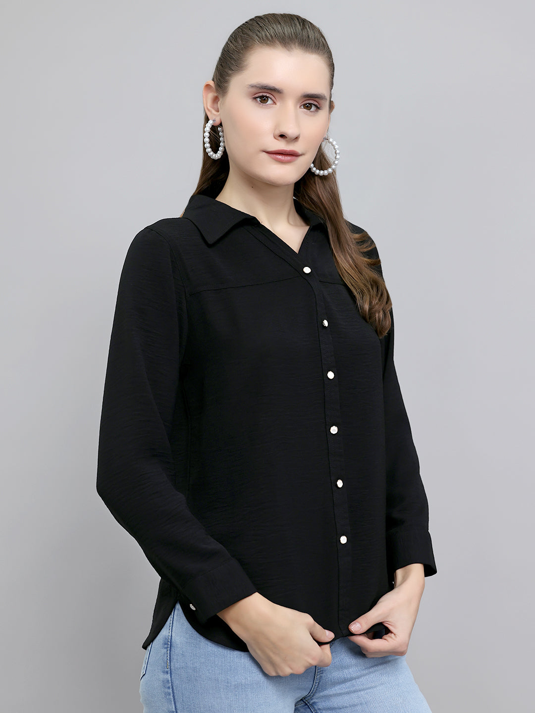 Women Black Self Design Collar Full Sleeve Top
