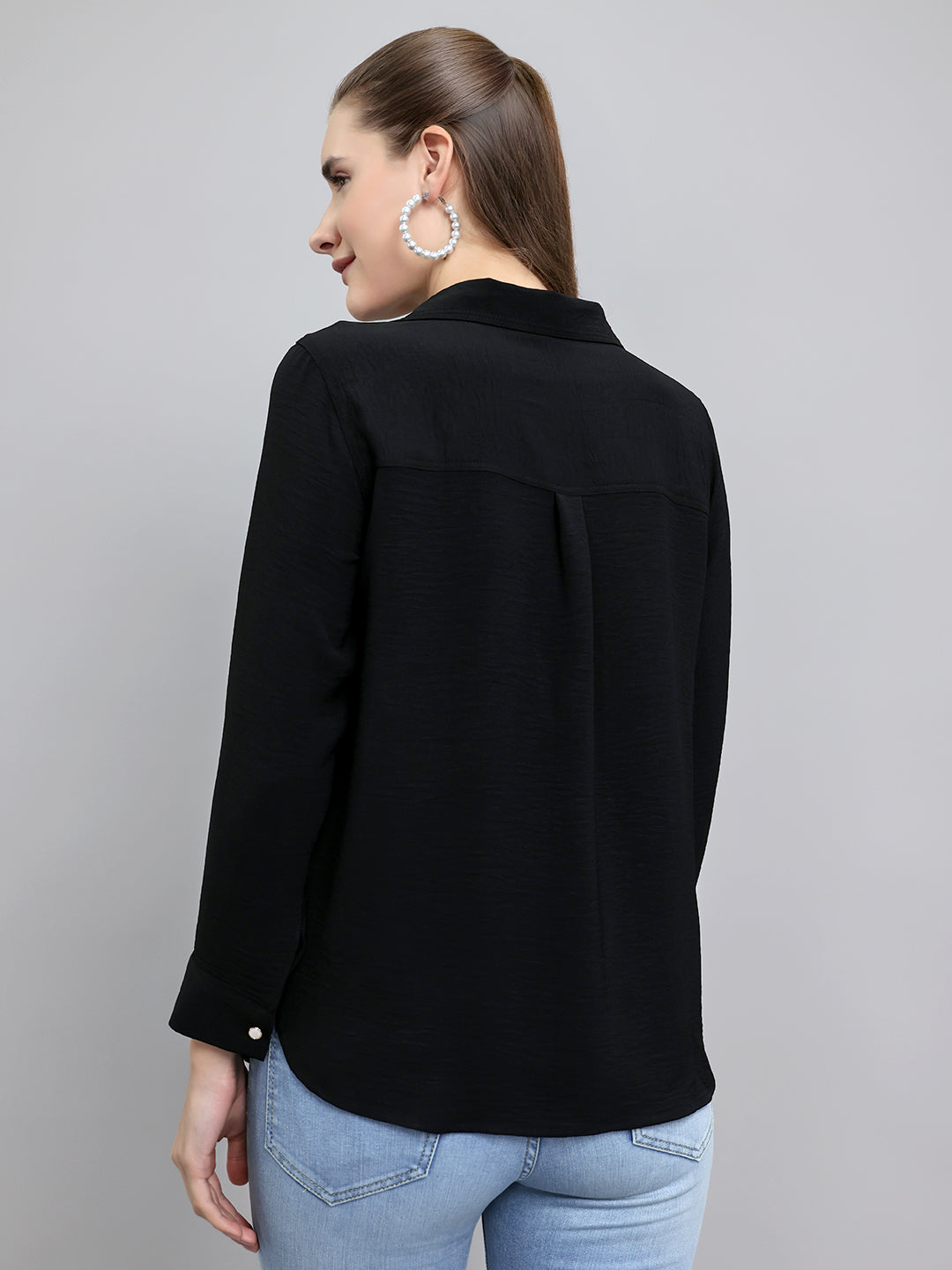 Women Black Self Design Collar Full Sleeve Top