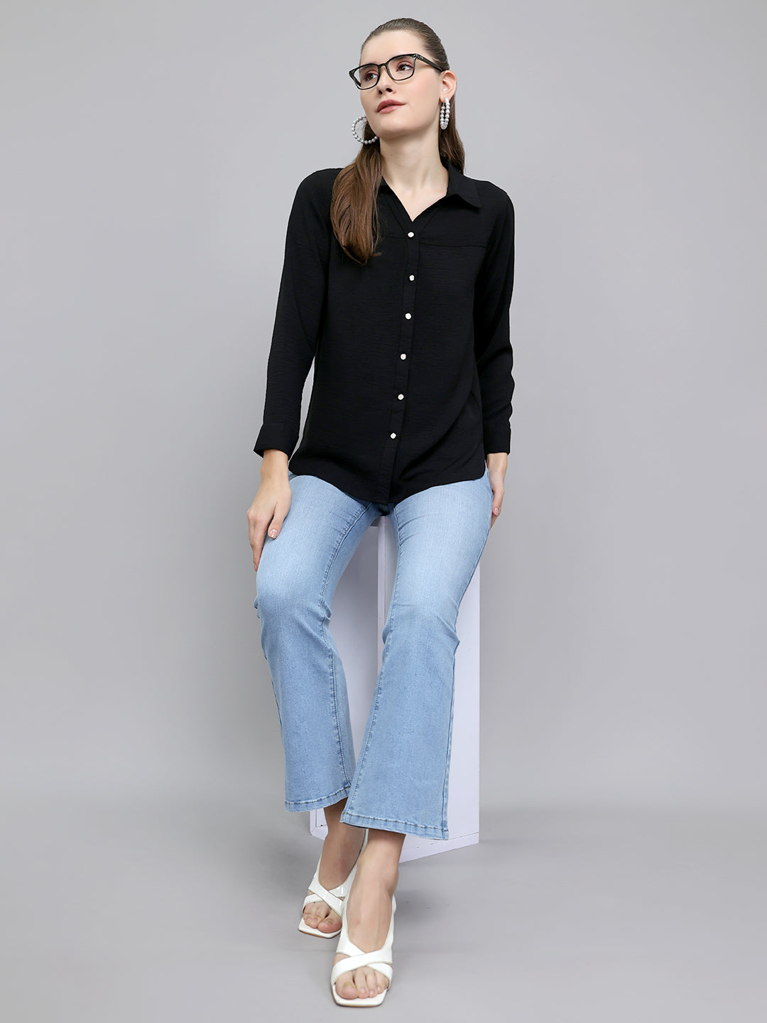 Women Black Self Design Collar Full Sleeve Top