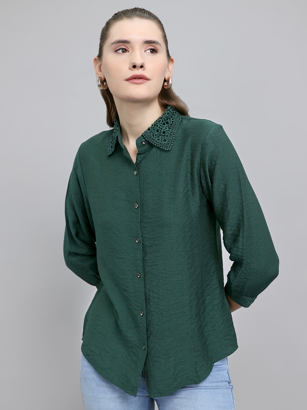 Women Green Self Design Collar Full Sleeve Top