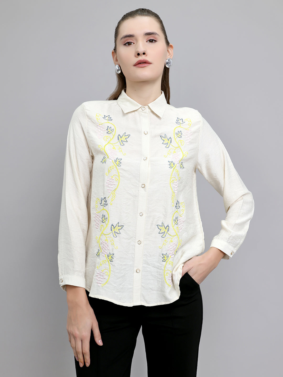 Women Beige Embroidered Collar Full Sleeve Top