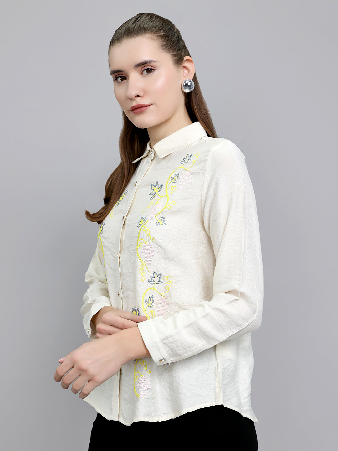 Women Beige Embroidered Collar Full Sleeve Top