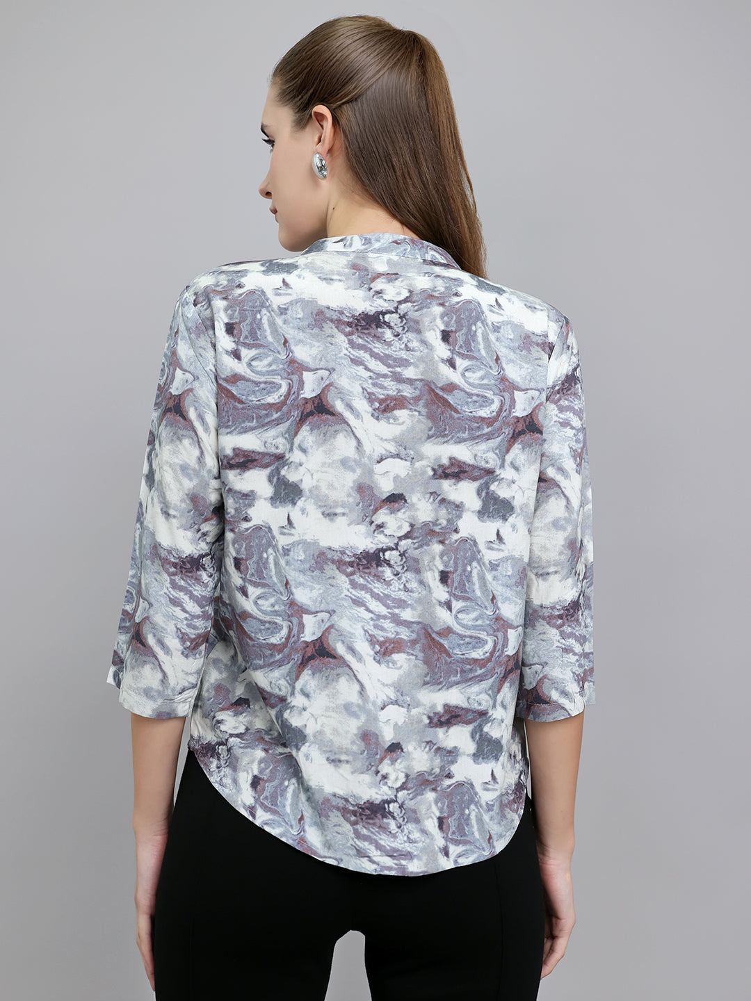 Women Grey Printed Henley Neck 3/4th Sleeve Top