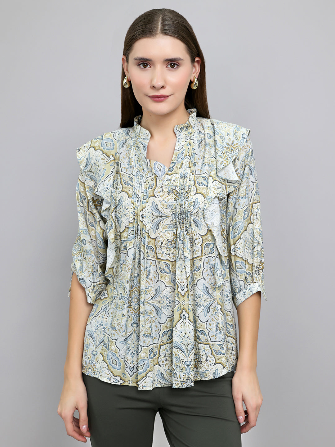 Women Beige Printed V Neck 3/4th Sleeve Top