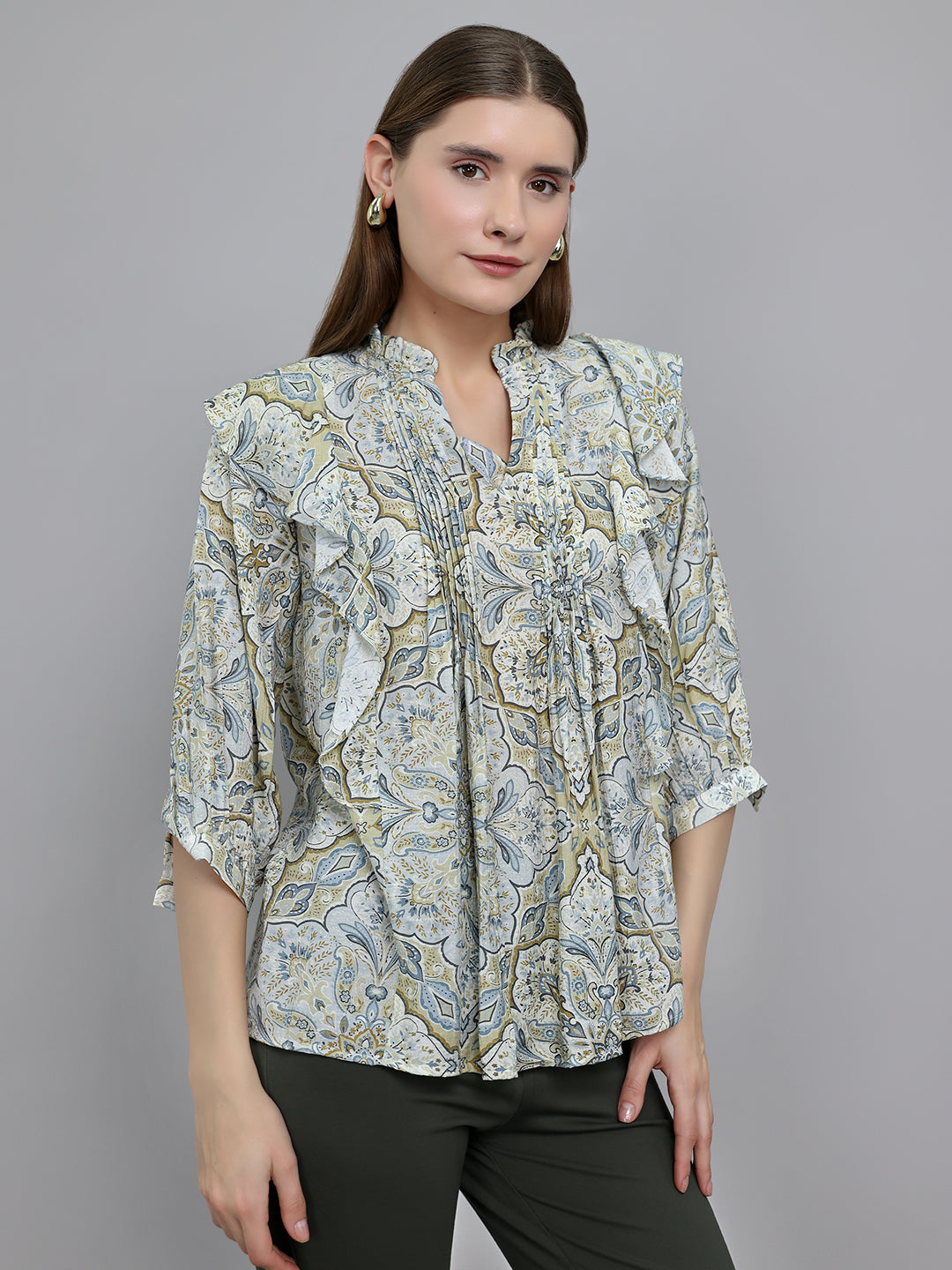Women Beige Printed V Neck Top