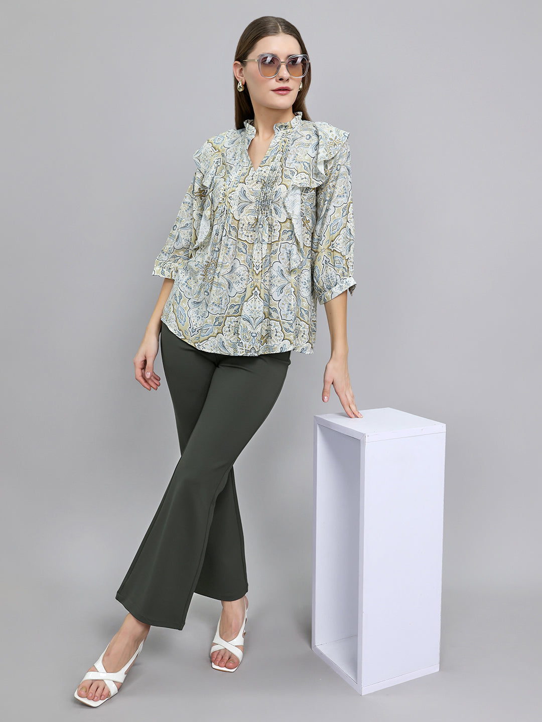 Women Beige Printed V Neck Top