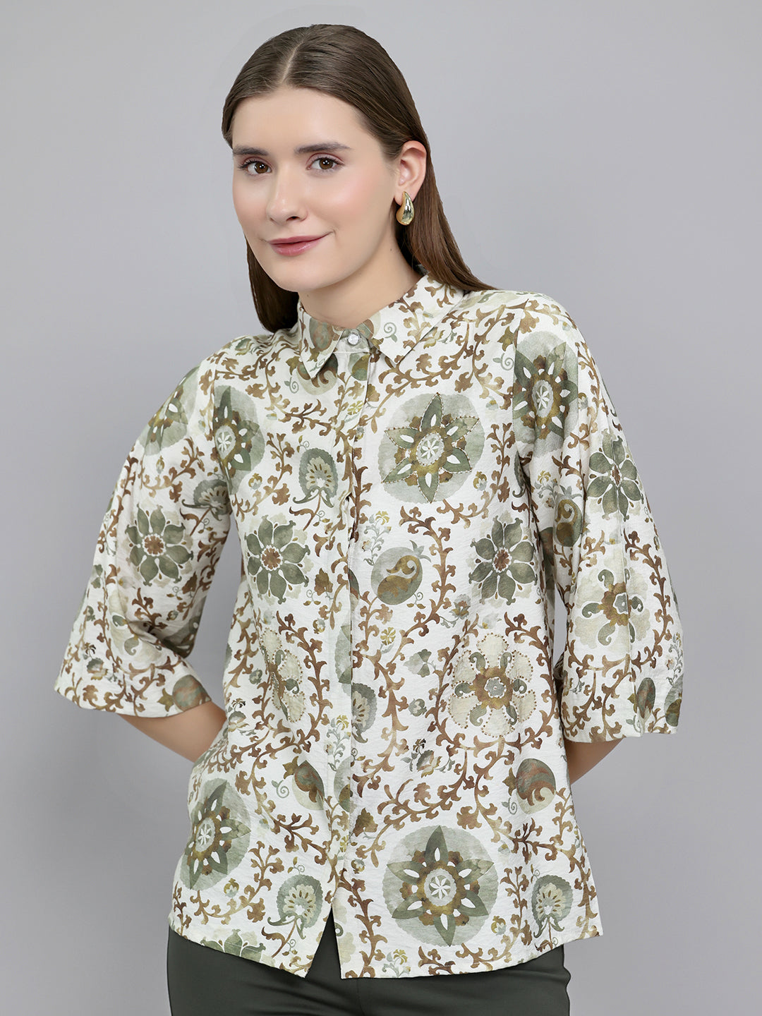 Women Green Printed Collar 3/4th Sleeve Top