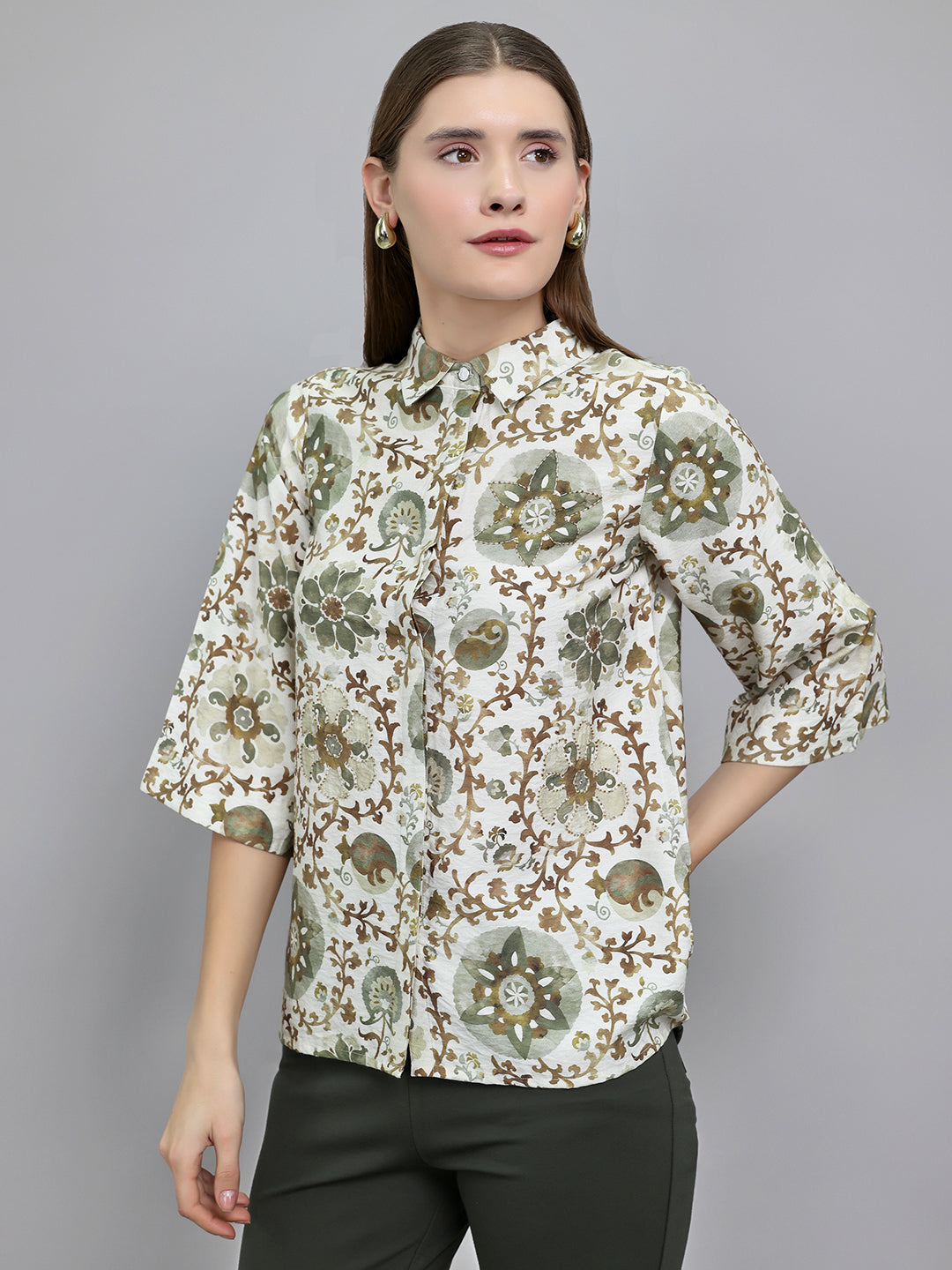 Women Green Printed Collar 3/4th Sleeve Top