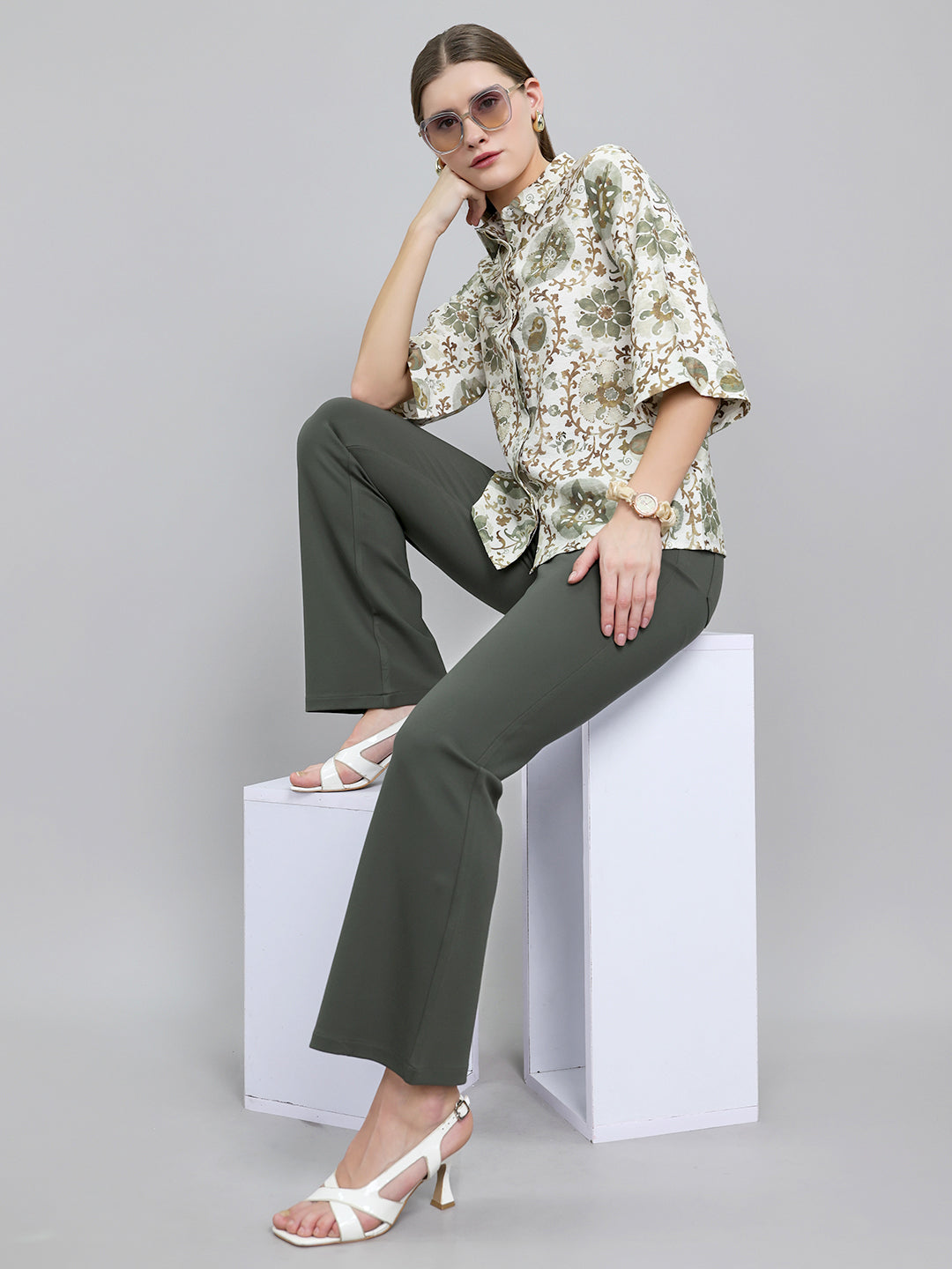 Women Green Printed Collar Neck Top